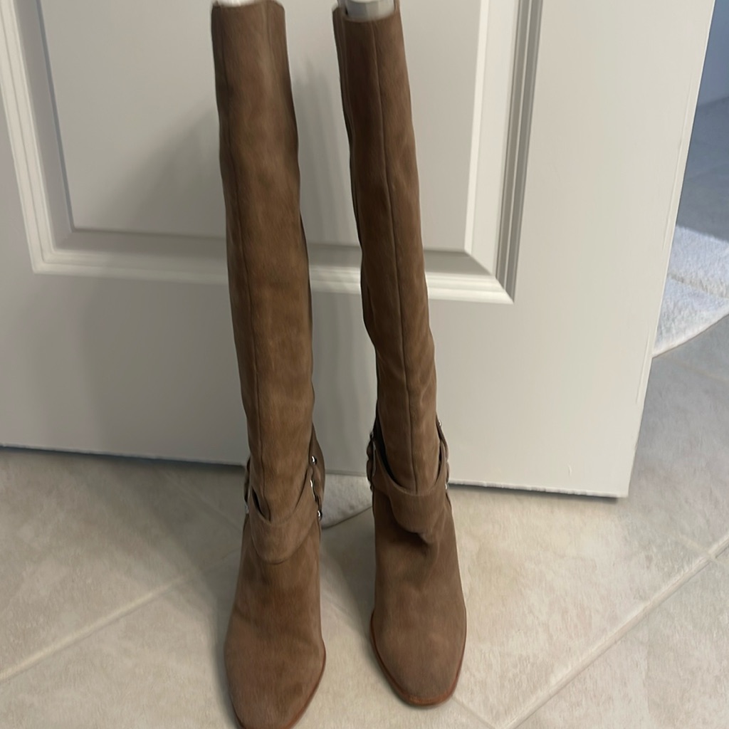 Donald Pliner Brown Embossed Moriah Suede Buckle Harness Knee Boots 7.5